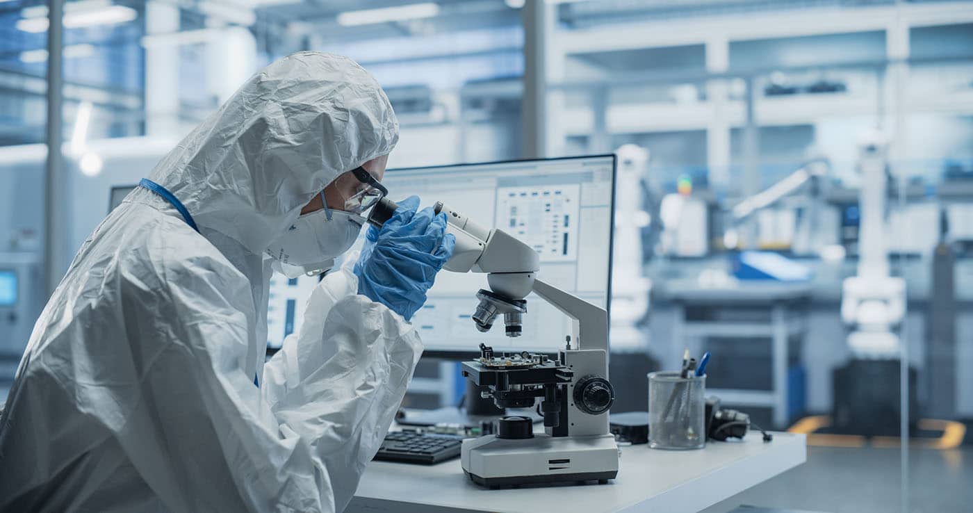 researcher in a lab with protected gear